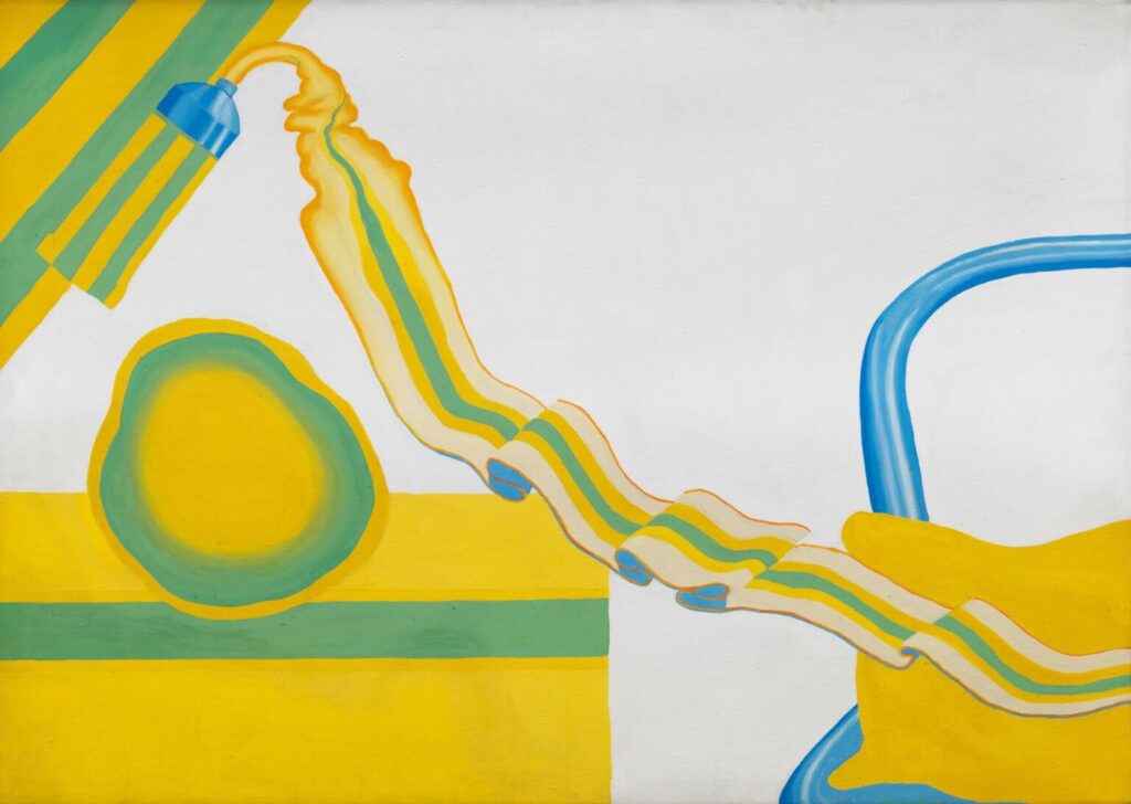 Uwe Lausen, Tube gelb-grün und blauer Stuhl, 1968, Acrylic on canvas, 100 x 140 cm